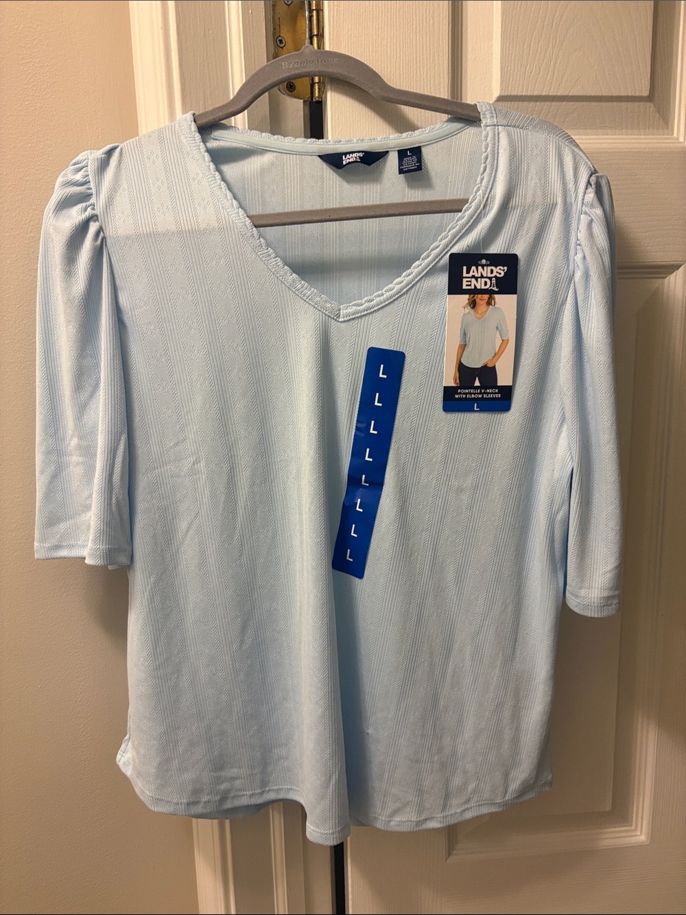 Lands' End Light Blue V-Neck Puff Sleeve Tee